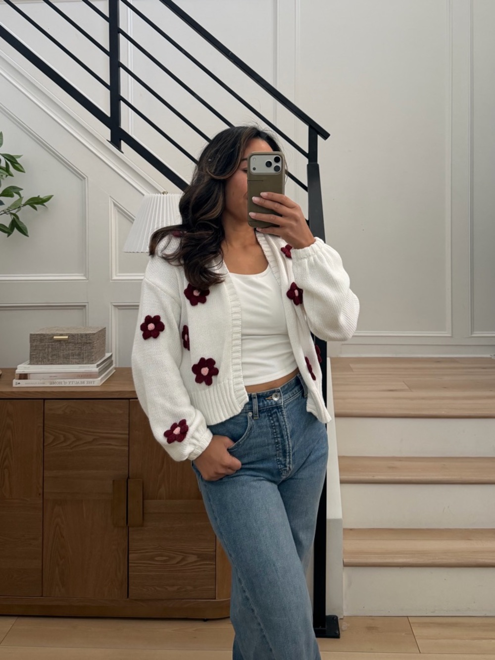 Francesca's White Floral Knit Cardigan
